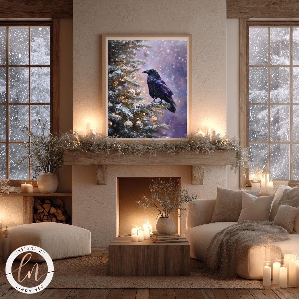 a cozy living room with a fireplace, a large framed picture of a black bird perched on a tree branch, and a warm, inviting atmosphere created by the lit candles and the overall decor.