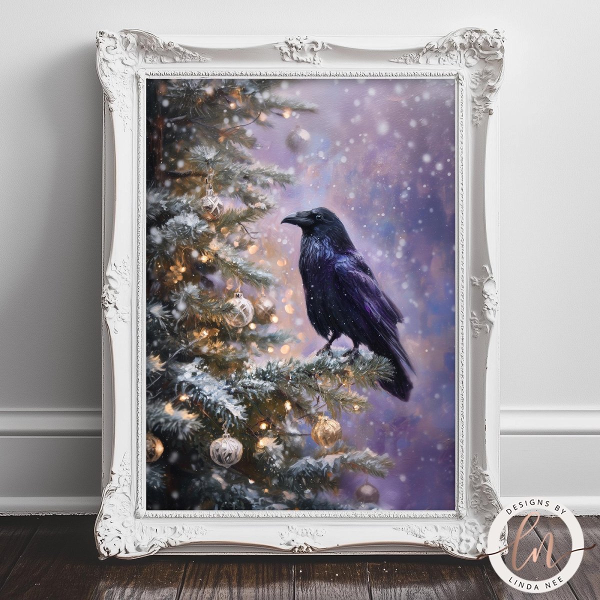 A black crow perched on a snow-covered pine tree, with Christmas lights and ornaments adorning the tree.