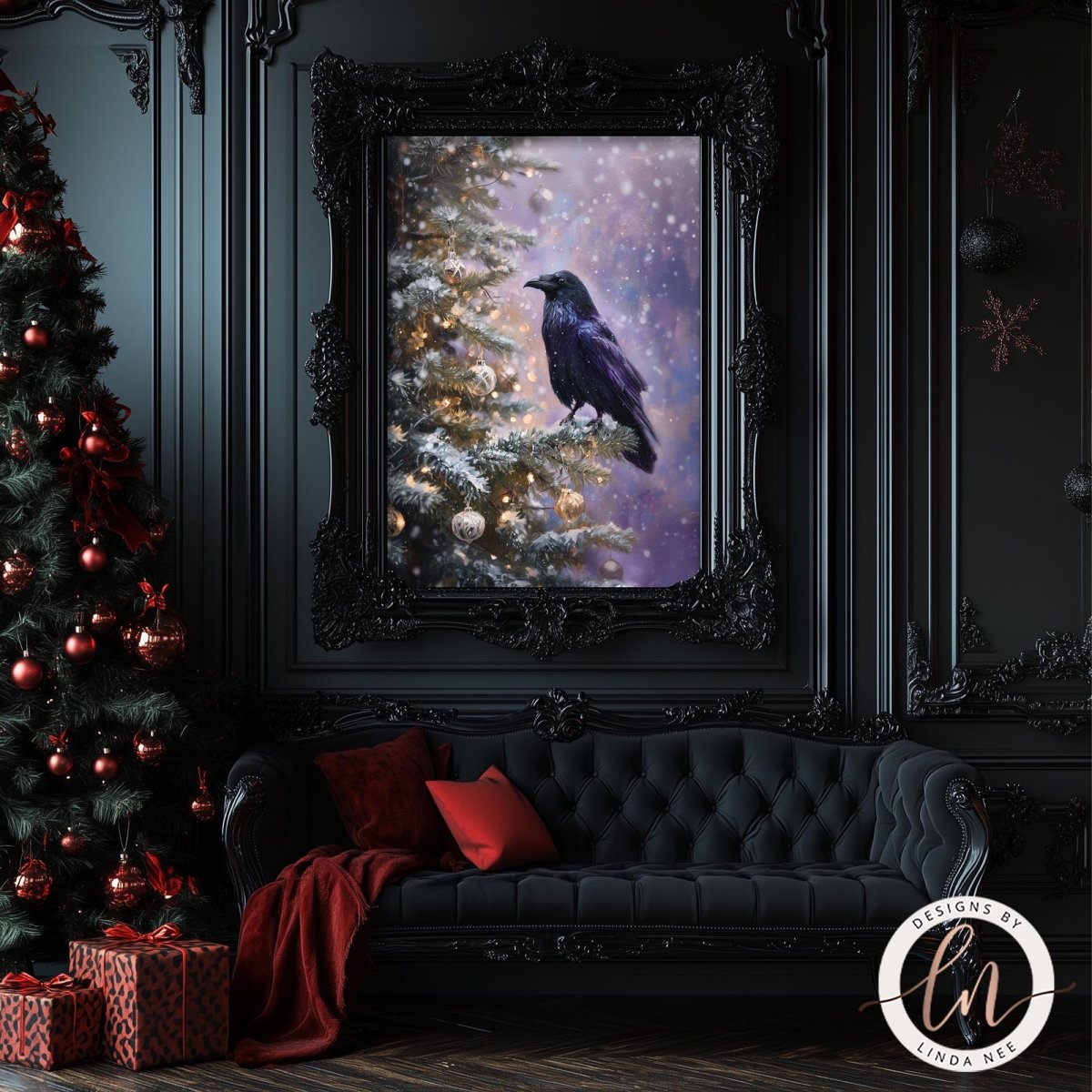 a black and red color scheme with a large framed picture of a bird perched on a tree branch, surrounded by Christmas decorations. The room has a dark color scheme with a black couch and a Christmas tree decorated with red and gold ornaments.