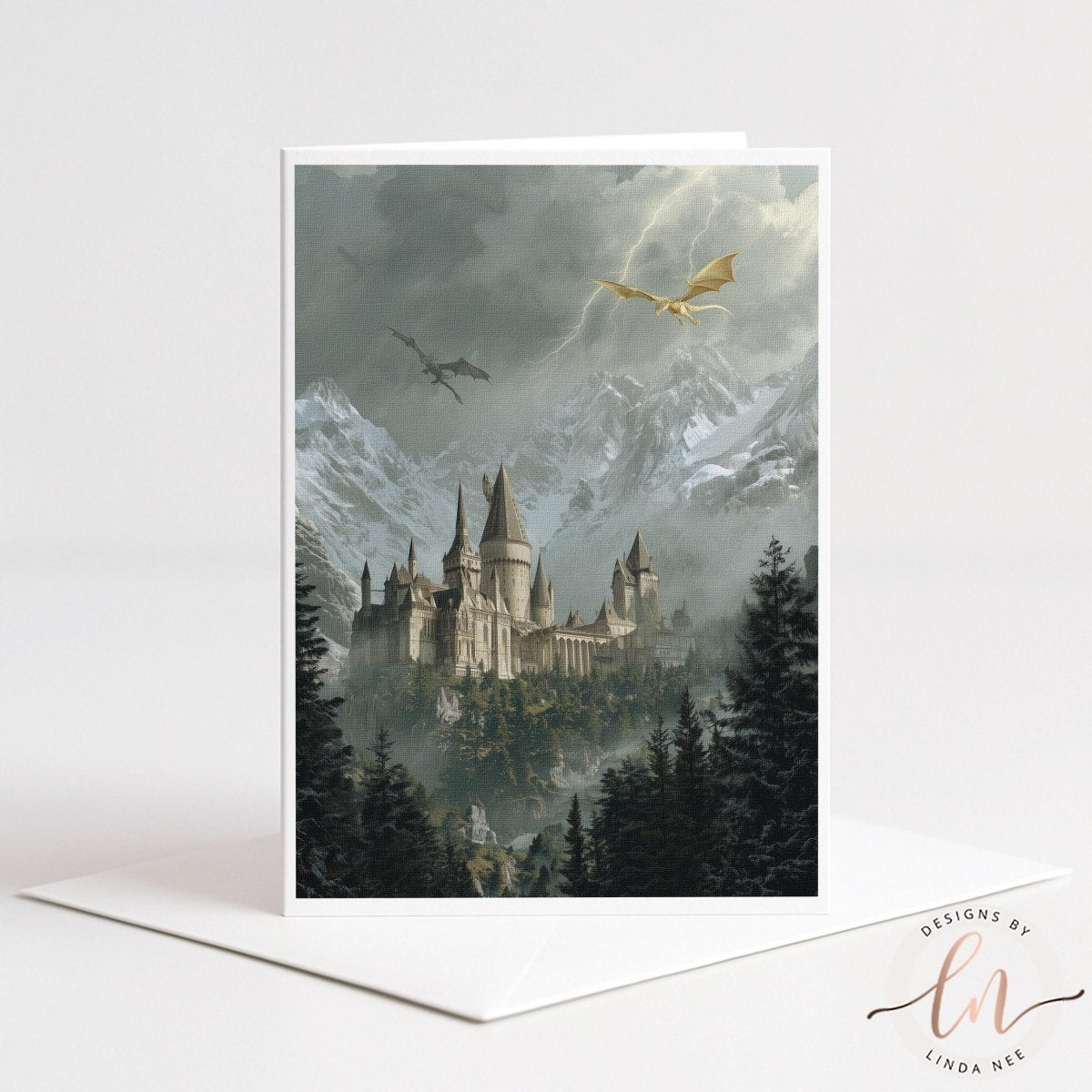 A castle surrounded by a misty forest, with a dragon flying overhead.