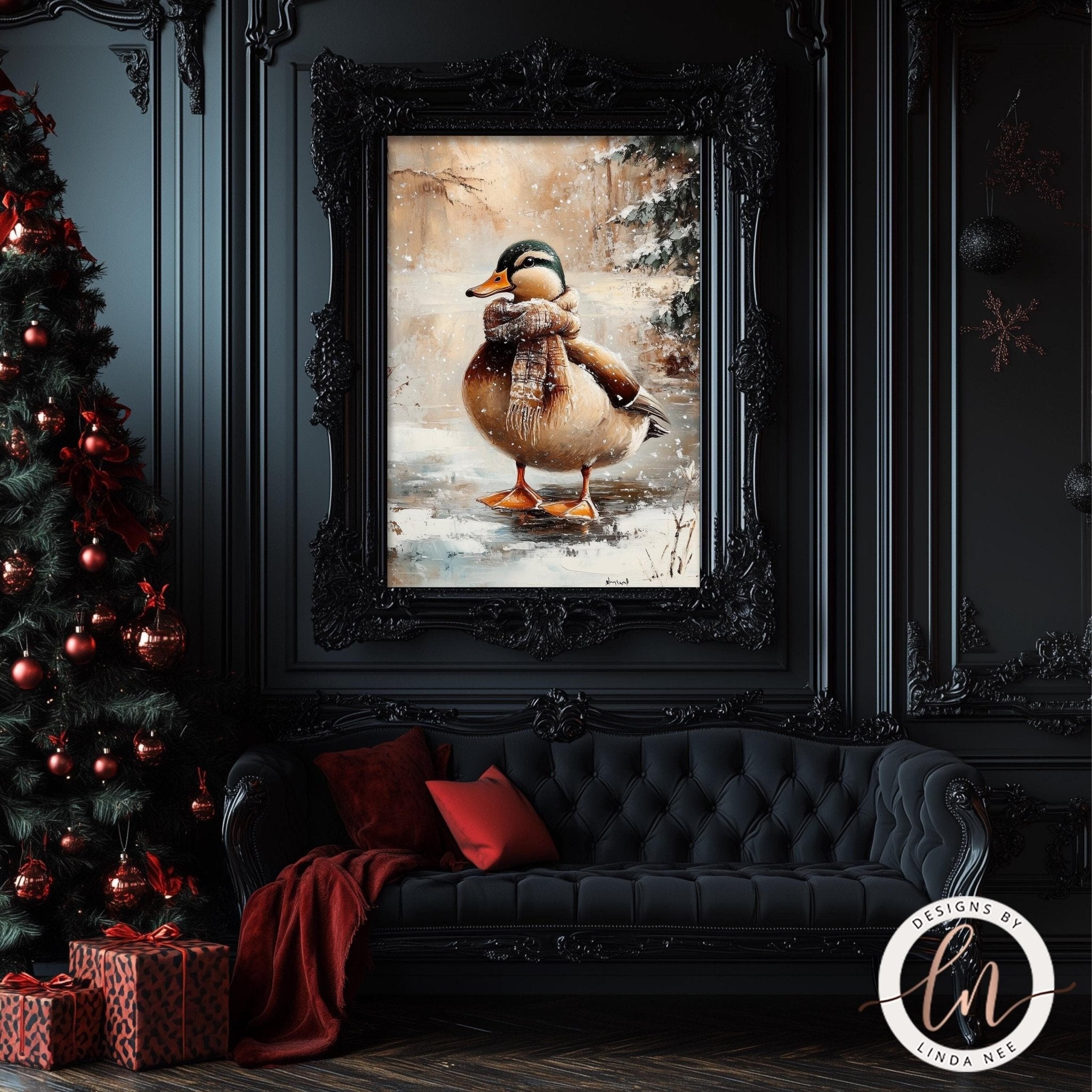 a cozy living room decorated for Christmas, with a large framed painting of a duck wearing a scarf hanging on the wall above a black couch. The room has a dark color scheme, with a Christmas tree and red and gold ornaments visible on the left side.