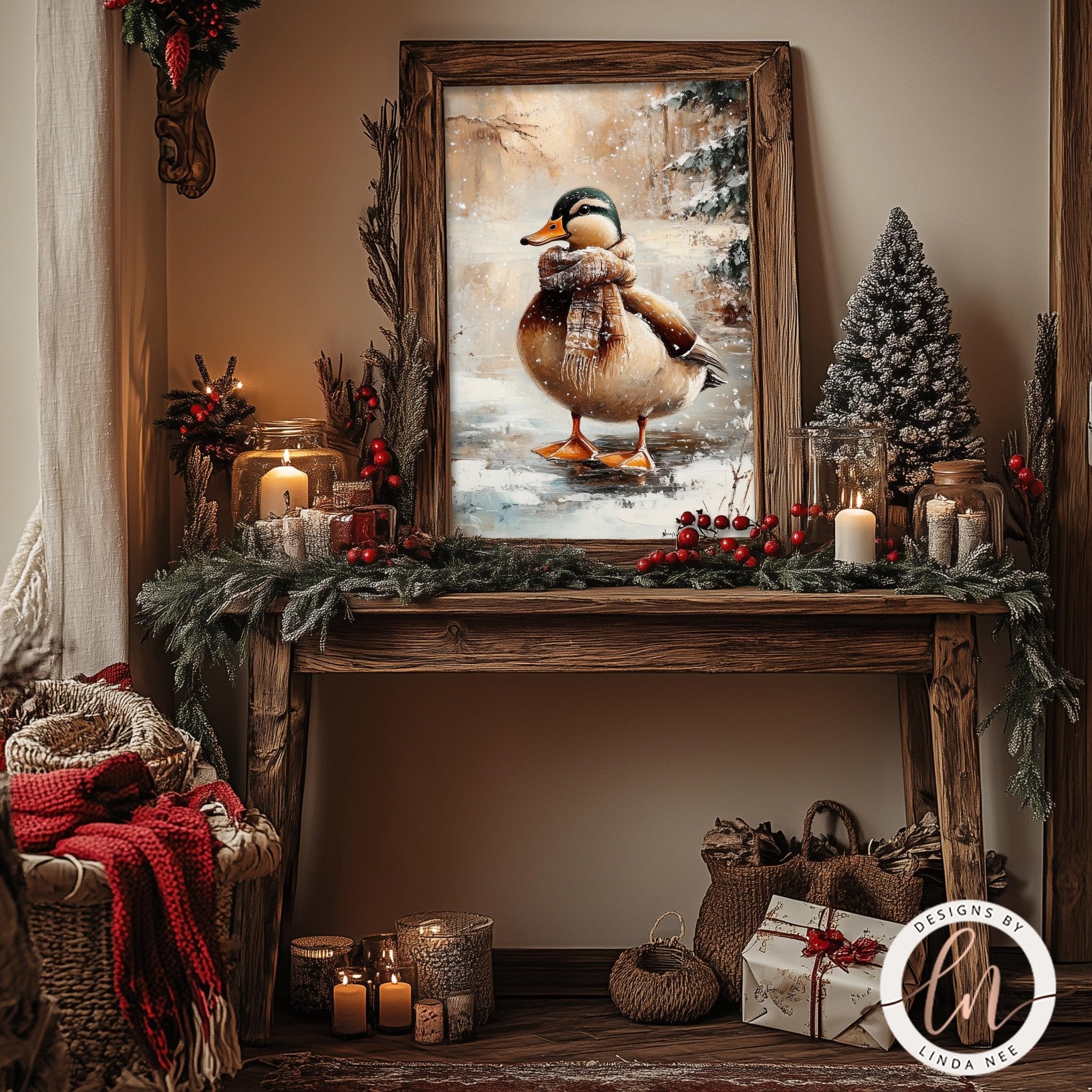 a wooden table decorated with various holiday items, including a framed picture of a duck, candles, and other ornaments. The table is set against a backdrop of a snowy landscape, creating a cozy and festive atmosphere.