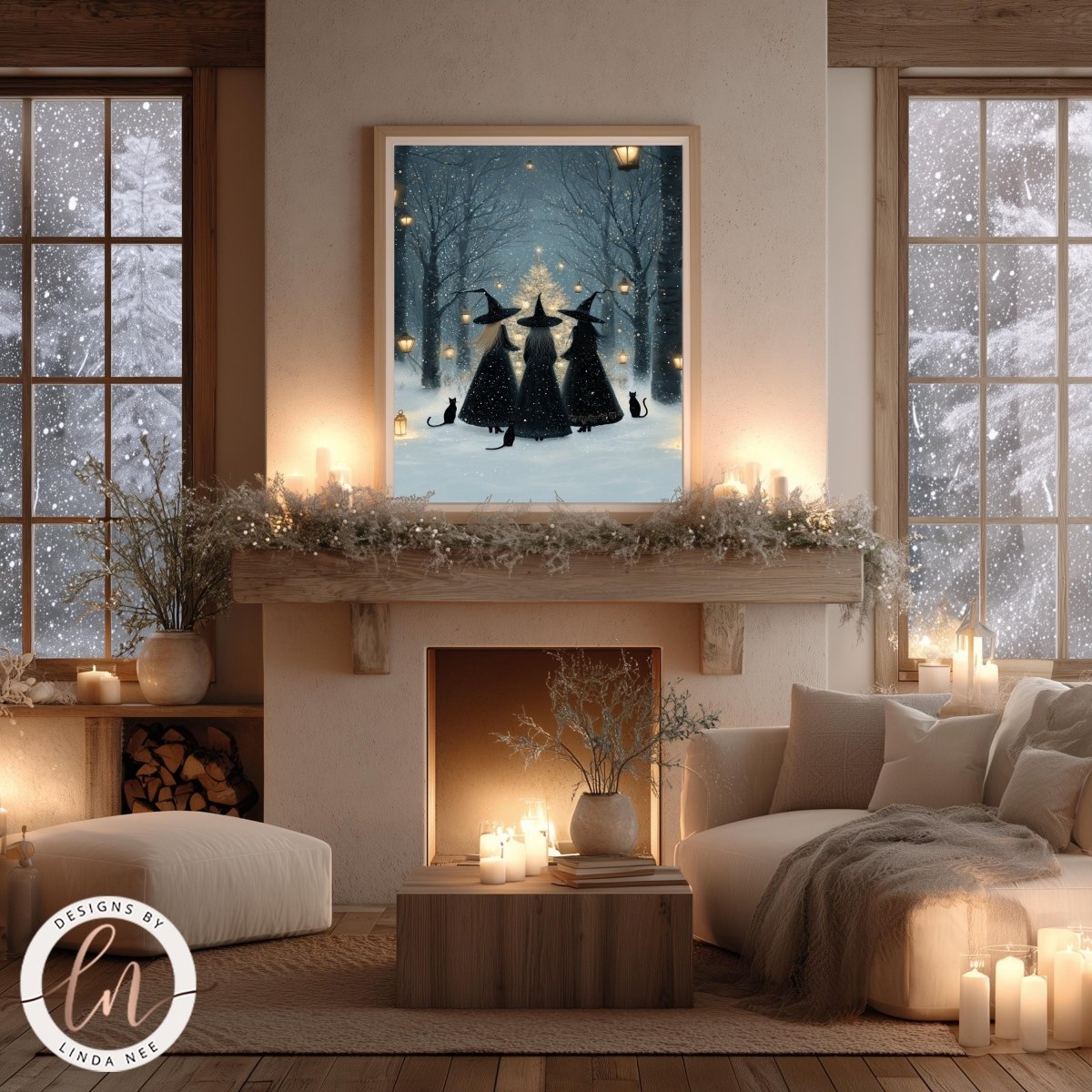 a cozy living room with a fireplace, a large framed picture of three witches, and a warm, inviting atmosphere created by the candles and decorations.