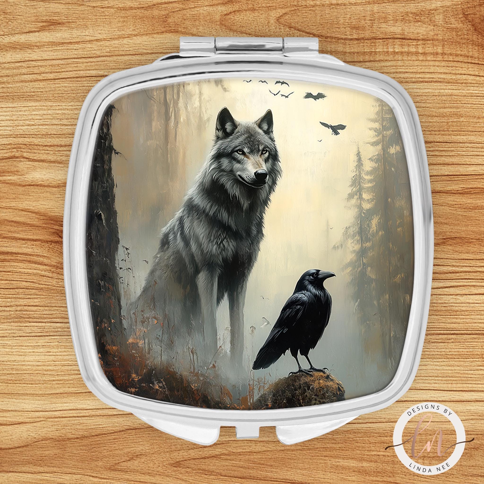 Wolf & Raven Compact Mirror - Norse Mythology Goth GiftDesigns by Linda Nee