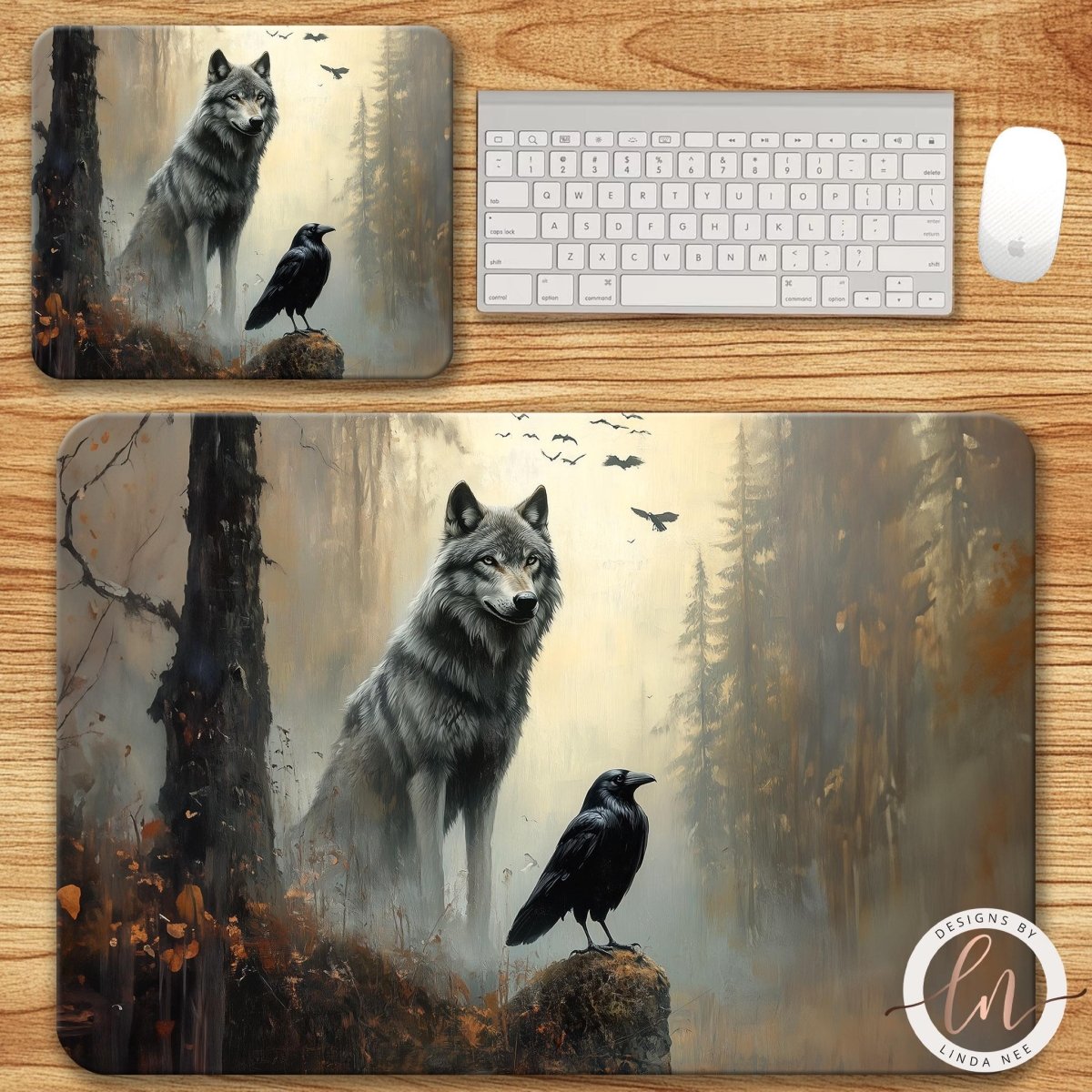 A digital art piece depicting a wolf and a crow in a forest setting, with a keyboard and mouse on a wooden surface.