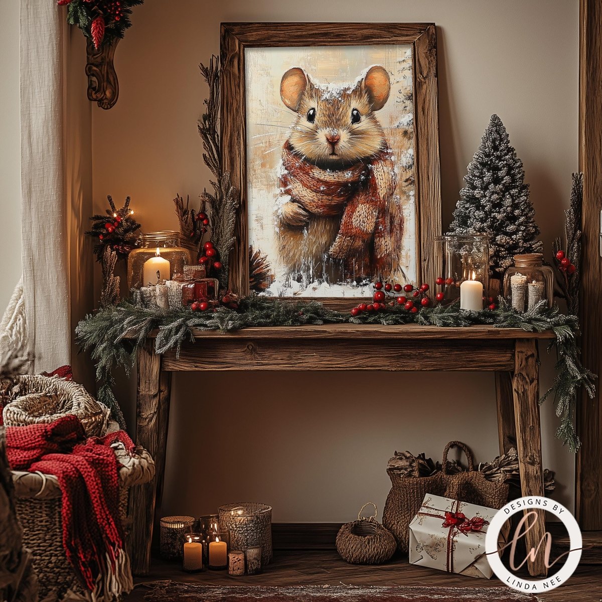 a cozy and festive Christmas scene with a wooden table adorned with holiday decorations, including a framed picture of a smiling mouse, candles, and a small Christmas tree.