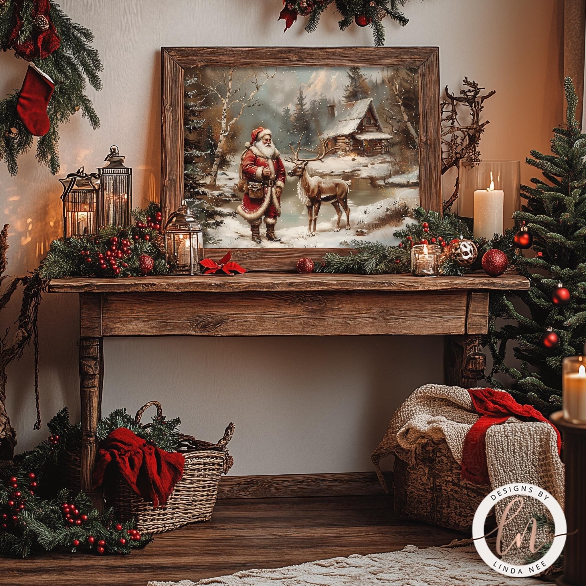 Woodland Santa - Vintage Christmas Print, Rustic Holiday Decor