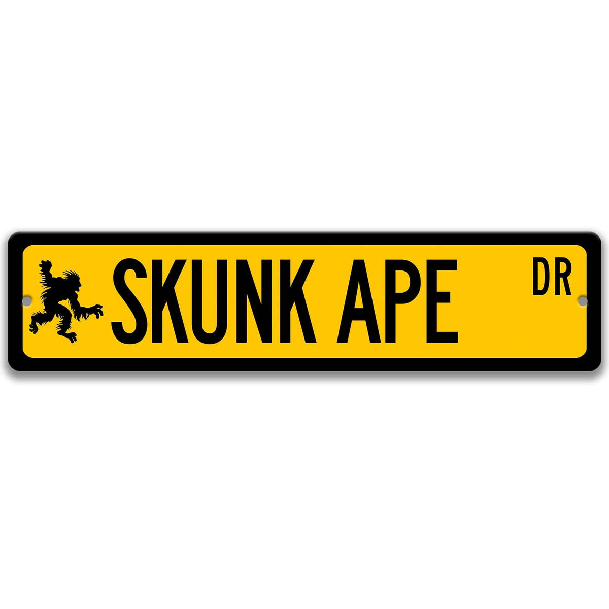 Yellow Skunk Ape aluminum street name sign with black lettering