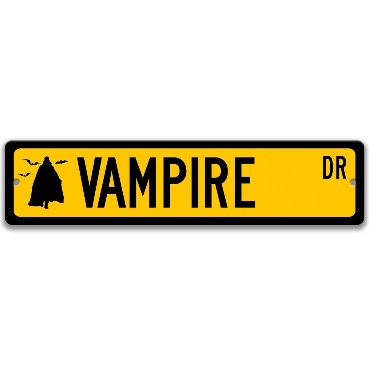 Yellow Vampire aluminum street name sign with black lettering