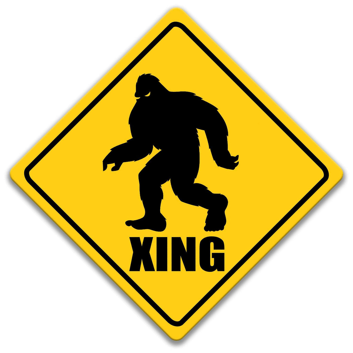 Yeti crossing XING warning sign, yellow diamond shape, bold black Yeti silhouette above XING text