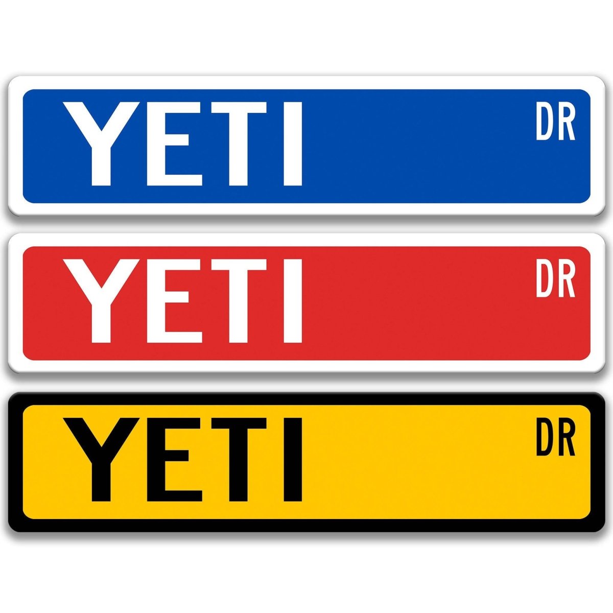 Yeti street name sign shown in three aluminum color options