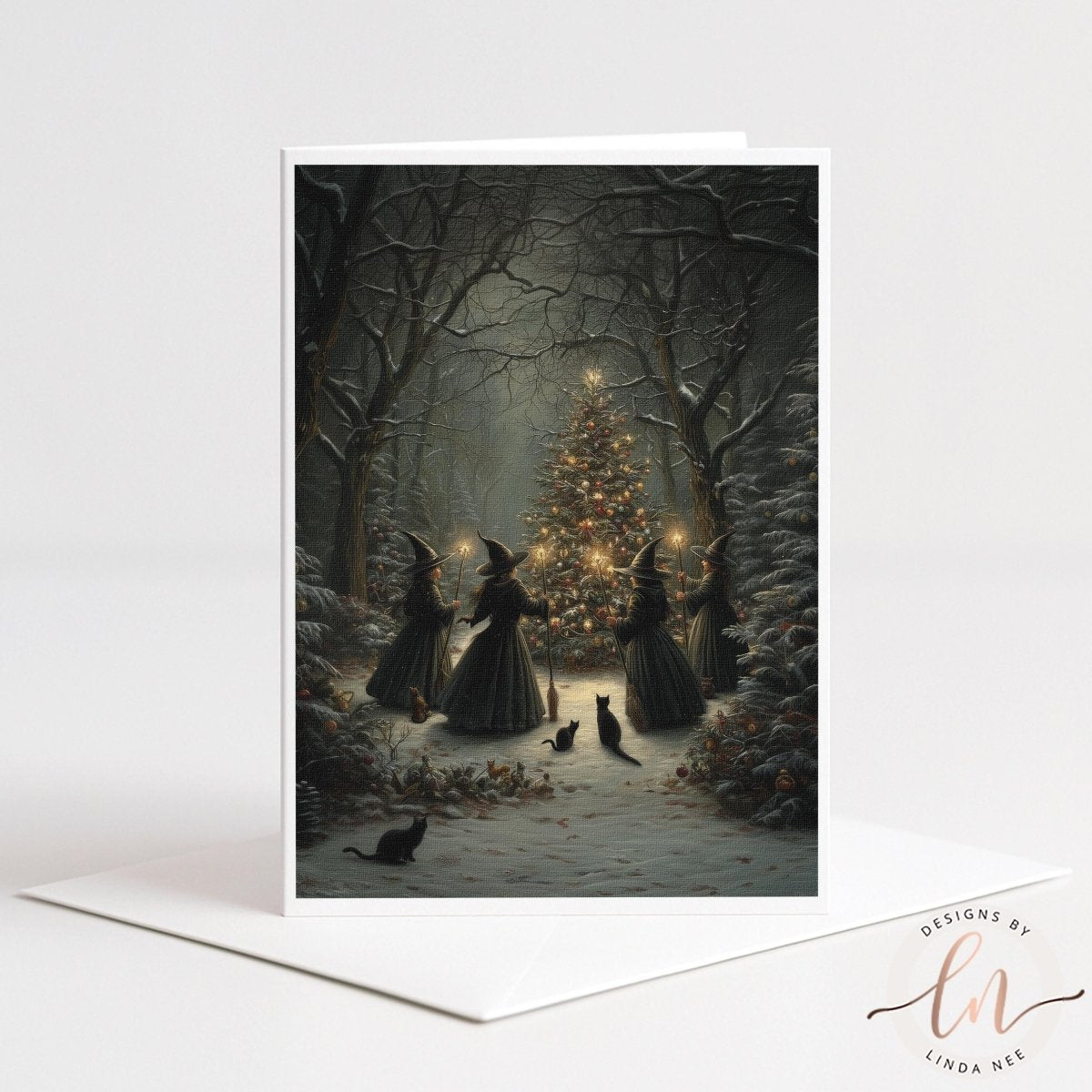 A group of women in long dresses are gathered around a Christmas tree in a snowy forest, with cats walking around them.