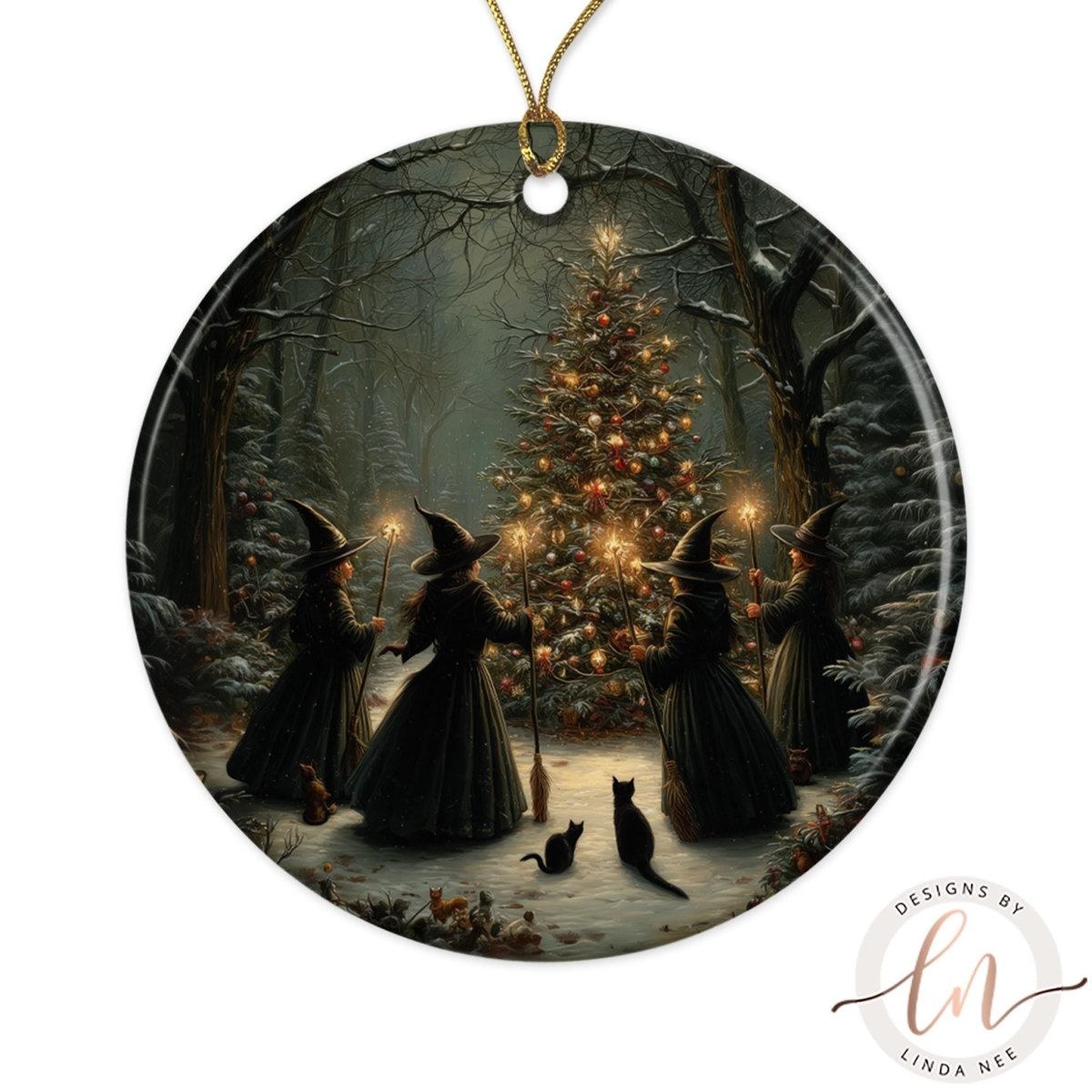 A group of women in black dresses and hats are gathered around a Christmas tree in a snowy forest, with a cat sitting on the ground in front of them.
