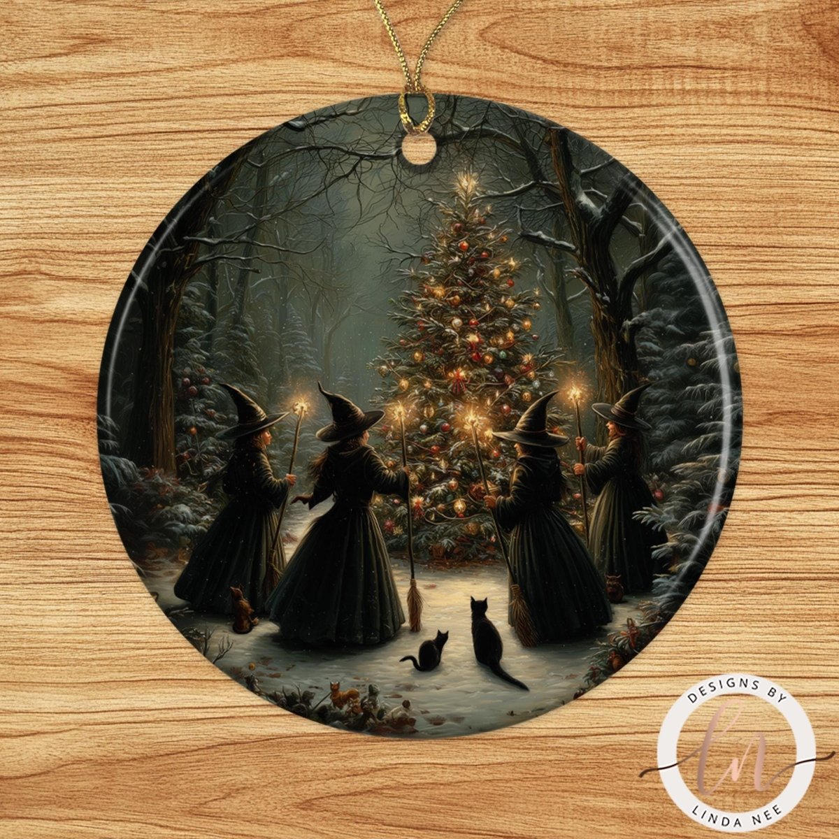 A group of women in black dresses and hats are gathered around a Christmas tree in a snowy forest, with a cat sitting on the ground in front of them.