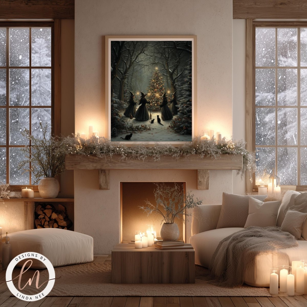 a cozy and festive living room decorated for Christmas, with a fireplace, a large framed painting of a snowy forest scene, and various candles and ornaments around the room.