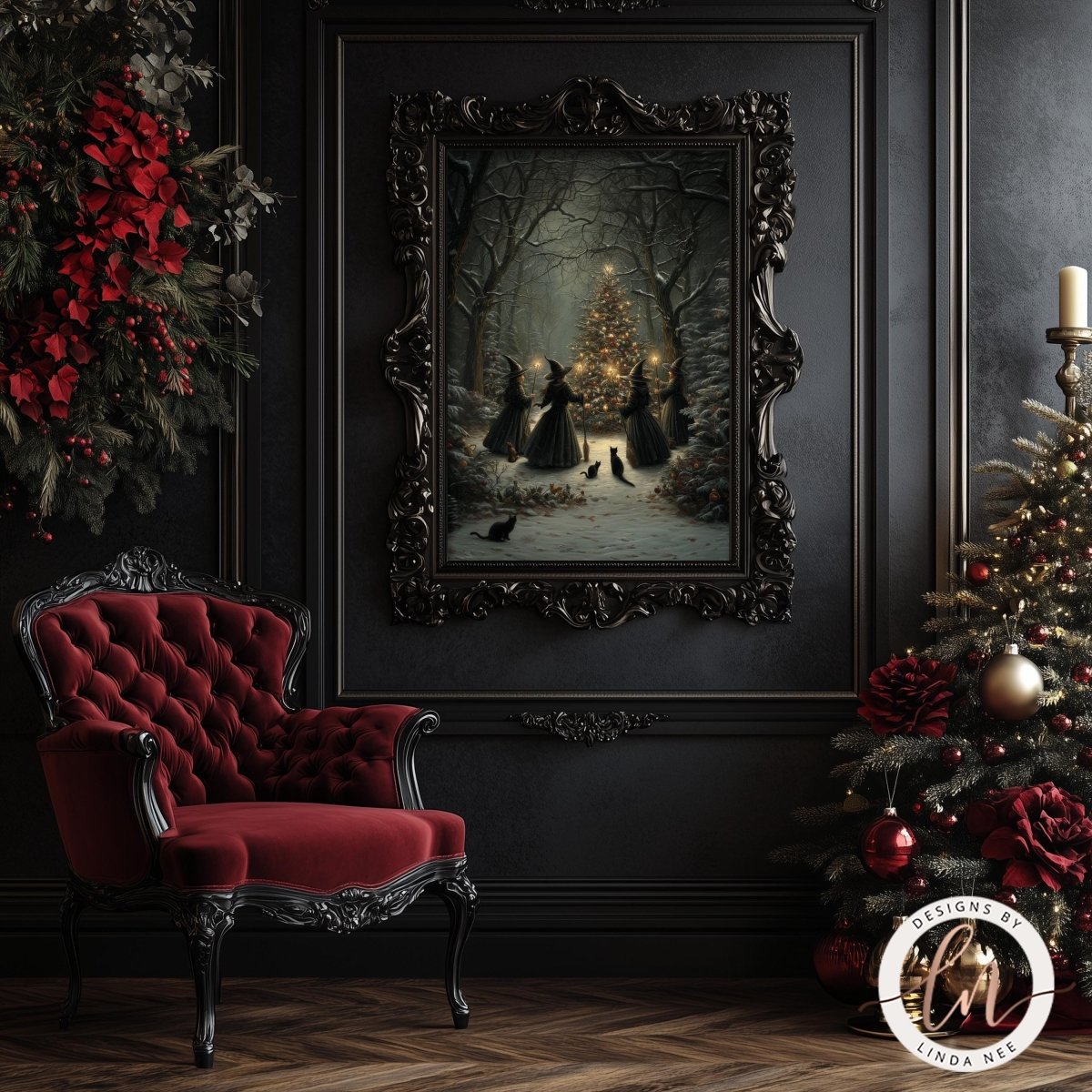 a dark, gothic-style room with a large, ornate painting of a snowy forest scene hanging on the wall. The room is decorated with red velvet furniture, including a red armchair and a Christmas tree with red and gold ornaments. The overall atmosphere of the room is dark and moody, with a sense of mystery and intrigue.