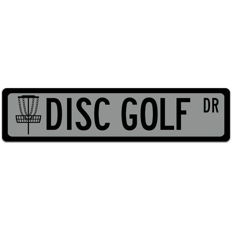 Disc Golf Street Sign with Basket on far left Gray with Black 