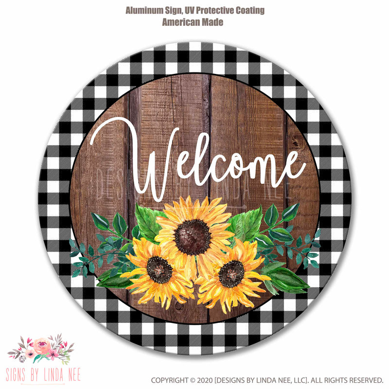  Sign with white text reads Welcome includes a Sunflower on Barnwood with Checkered edging
