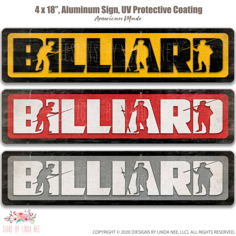 White Font on distressed design saying Billiard on different color varients Yellow, Red, Gray