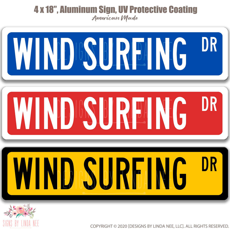 Wind Surfing Dr. on Blue, Red and Yellow background Street Sign