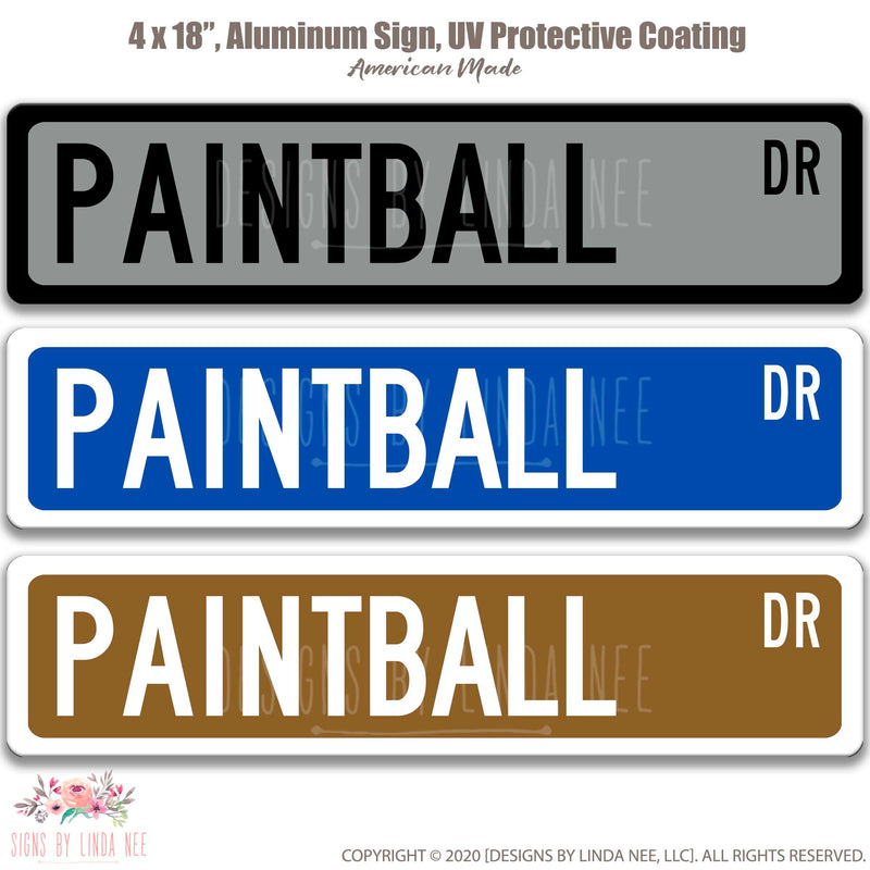 Paintballing Street Sign Trio Gray with Black, Blue with white and Brown with white