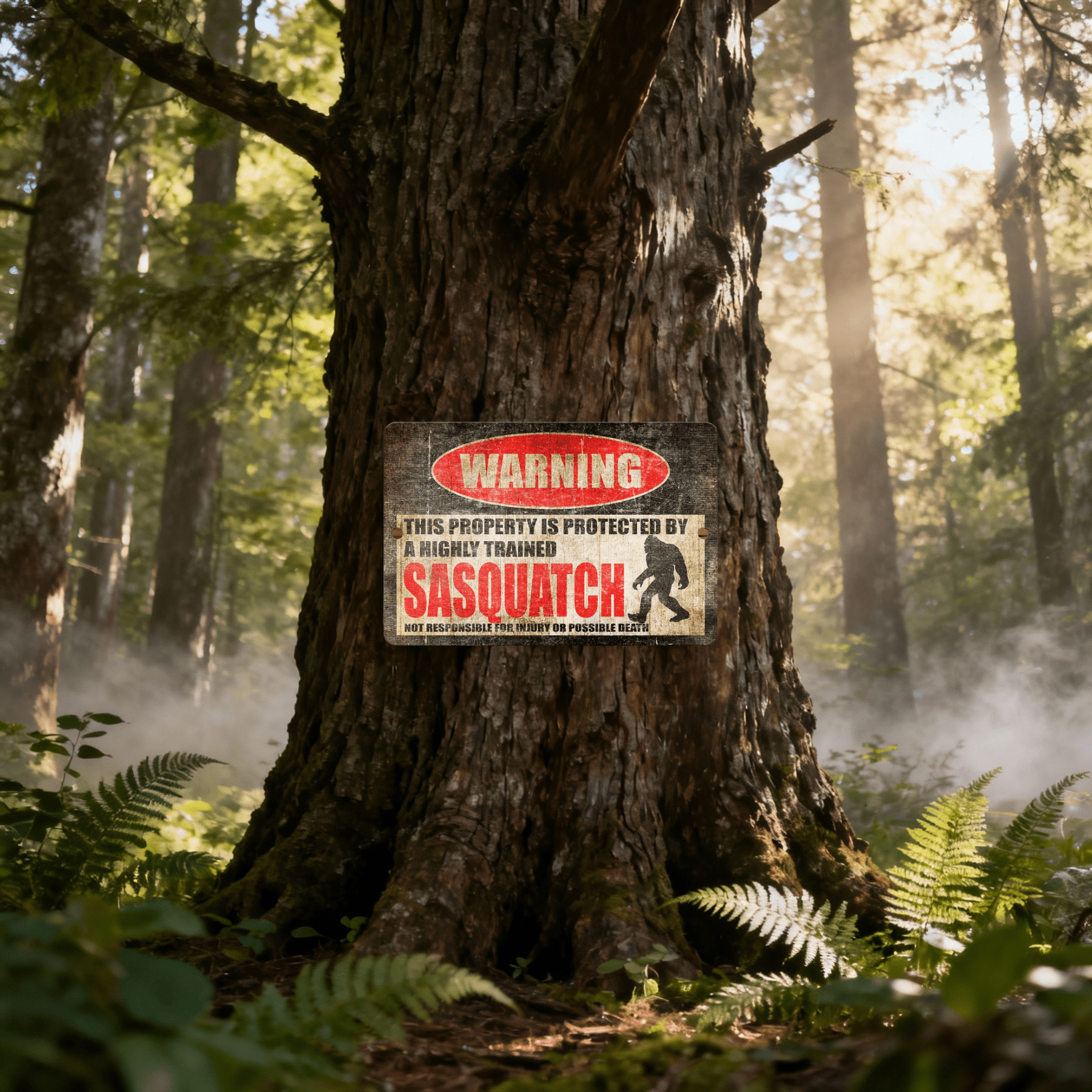 Warning sign reading “This property is protected by a highly trained Sasquatch” mounted on a tree in a misty forest.