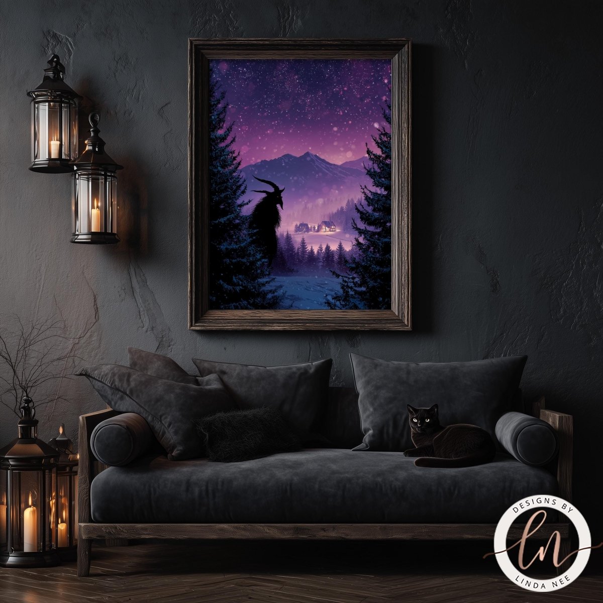 Krampus wall art in a dark gothic living room, framed purple night sky winter scene with Krampus silhouette above a village, surrounded by lantern candles, charcoal sofa, and a black cat on the couch.