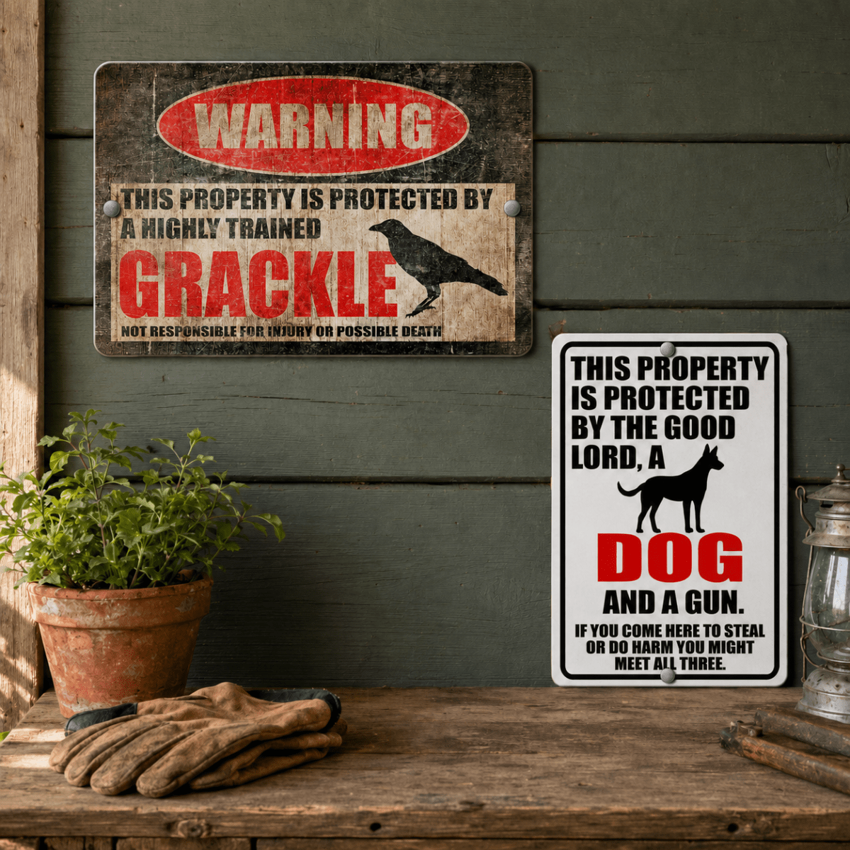 Two humorous bestselling metal signs with rustic artwork displayed on a wooden wall at a residential entrance.