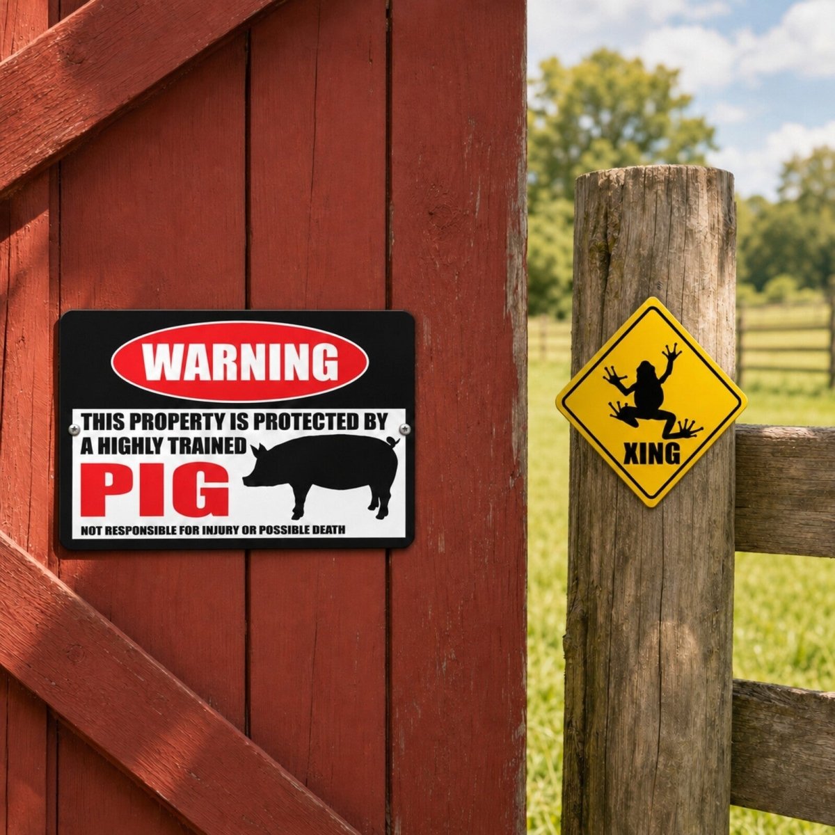 Pig warning and yellow frog crossing metal signs displayed on a red barn and rustic wooden fence post.