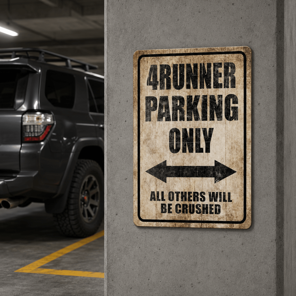 4Runner parking metal sign displayed on a concrete pillar beside an SUV in a modern parking garage.