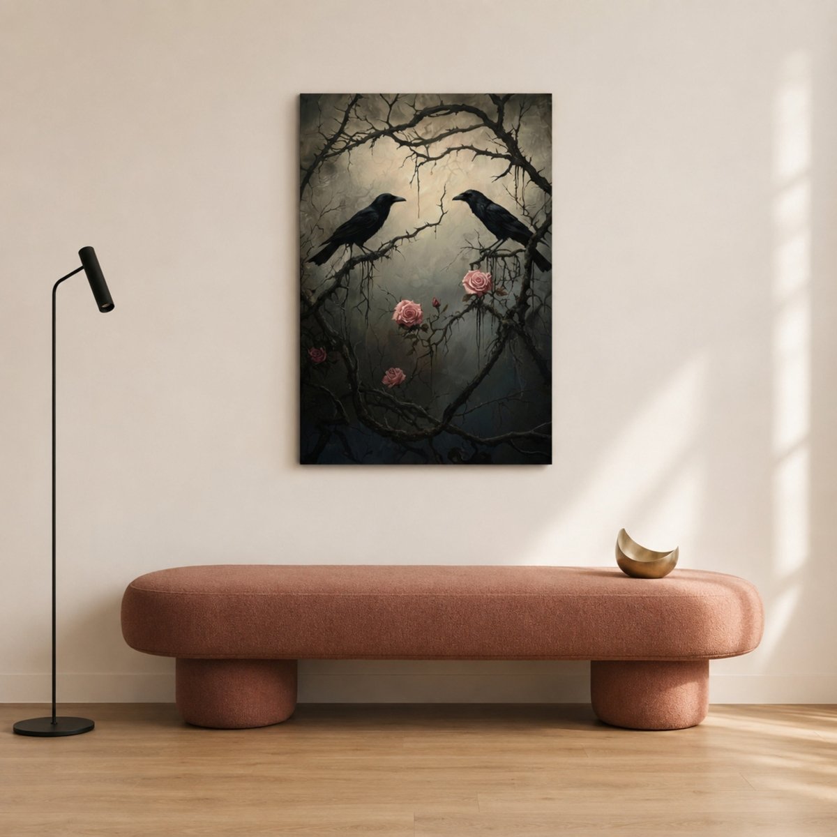 Unframed raven couple metal art print displayed above a curved terracotta bench in a modern, neutral interior.