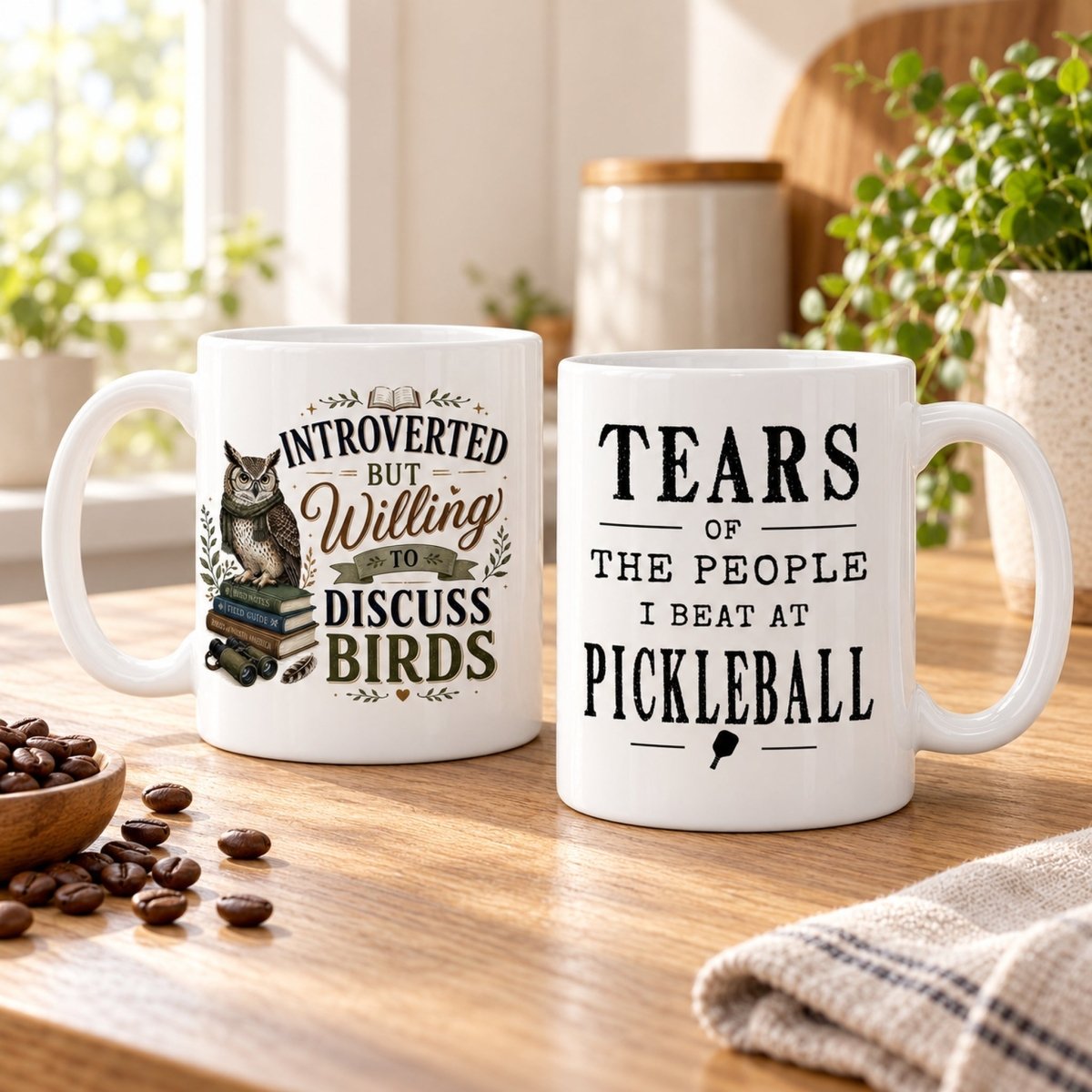 Two white ceramic coffee mugs with birdwatching and pickleball designs on a wooden counter in a sunlit kitchen.