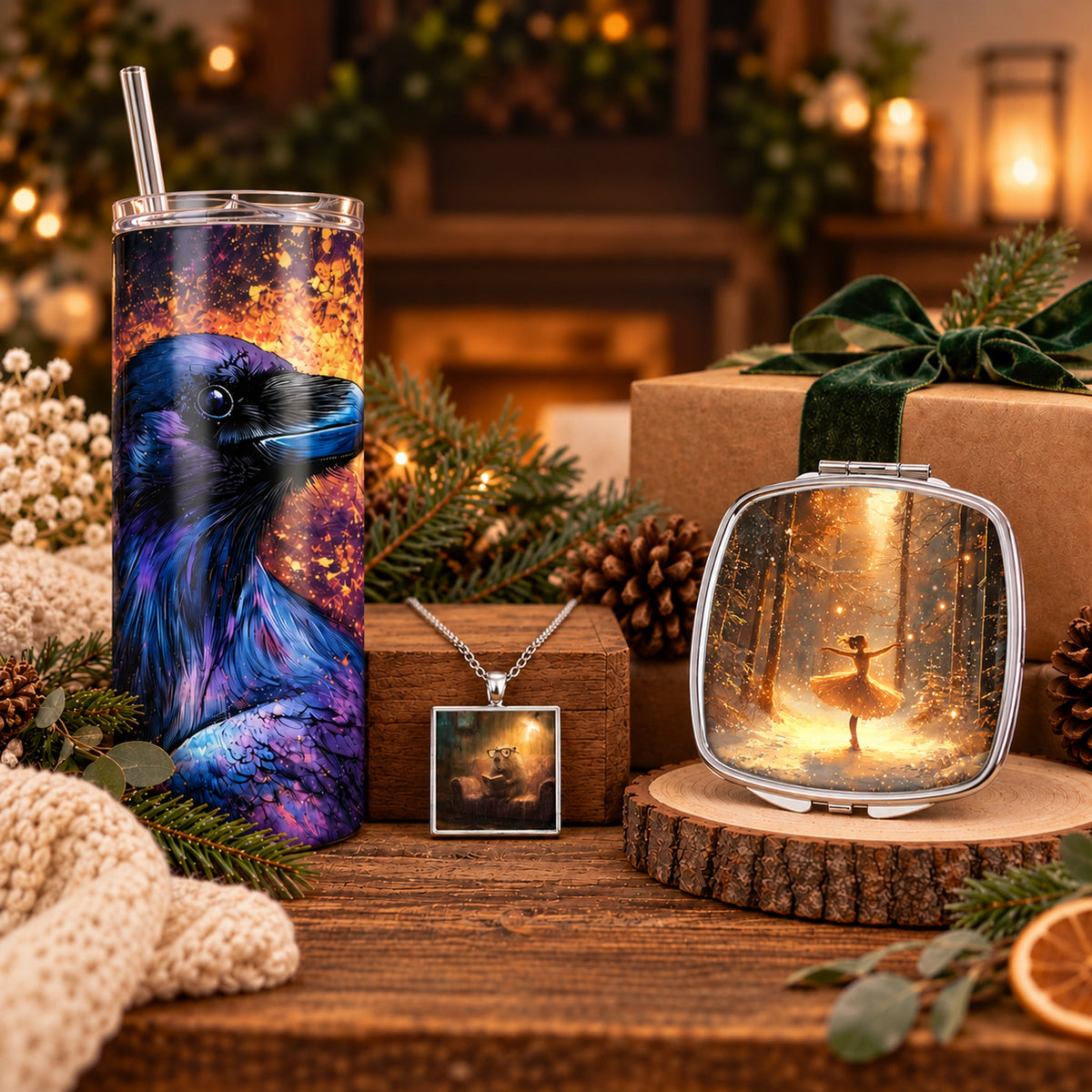 Favorite customer gifts featuring a raven tumbler, animal reading pendant necklace, and ballerina forest compact mirror displayed on a cozy rustic holiday table