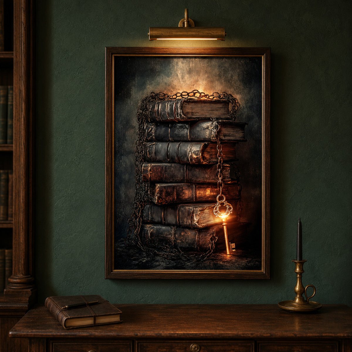 Dark academia art print featuring chained antique books and a glowing key displayed in a framed reading-room setting.