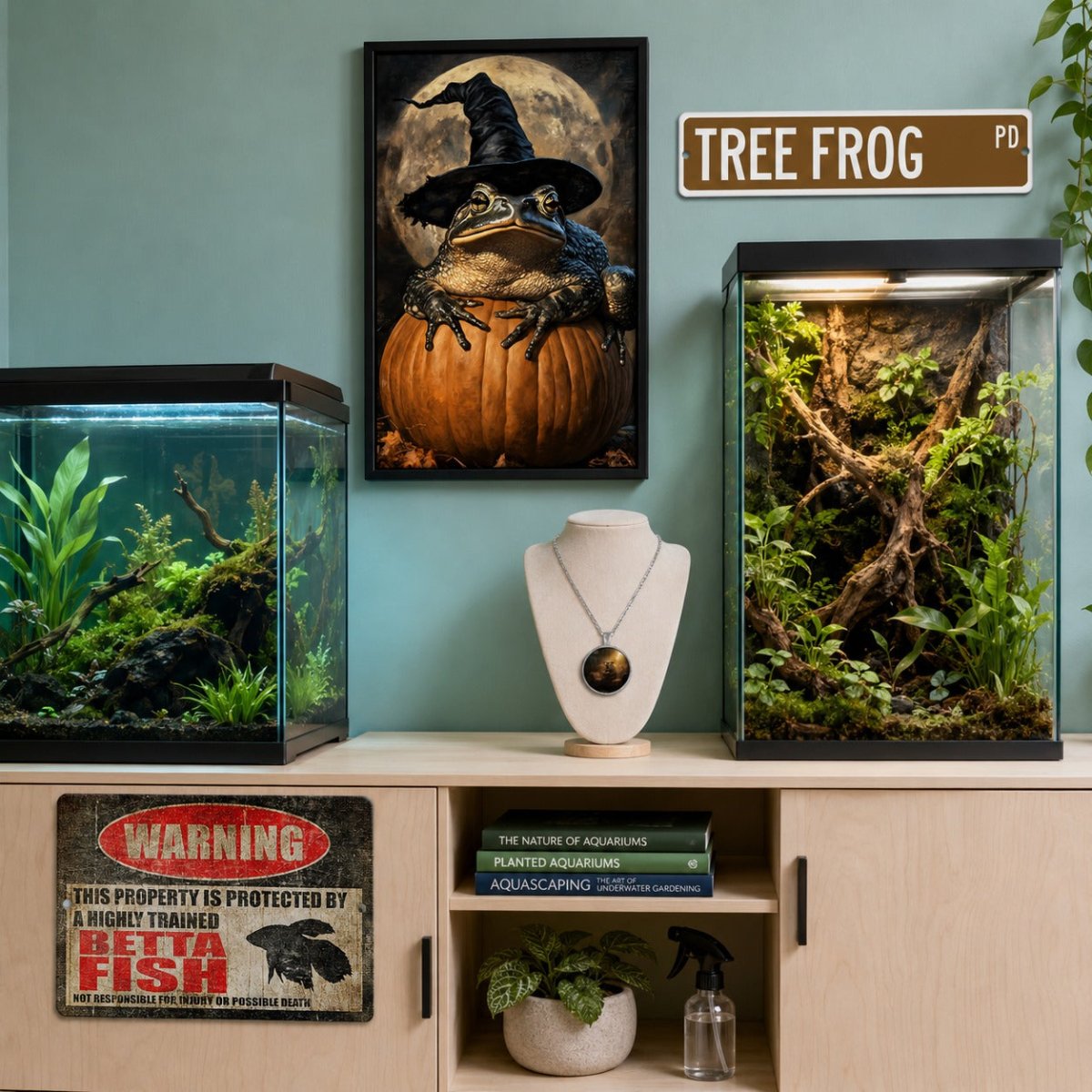 Exotic pets and aquarium decor collection featuring a witch toad print, Betta fish warning sign, Tree Frog street sign, and capybara pendant.