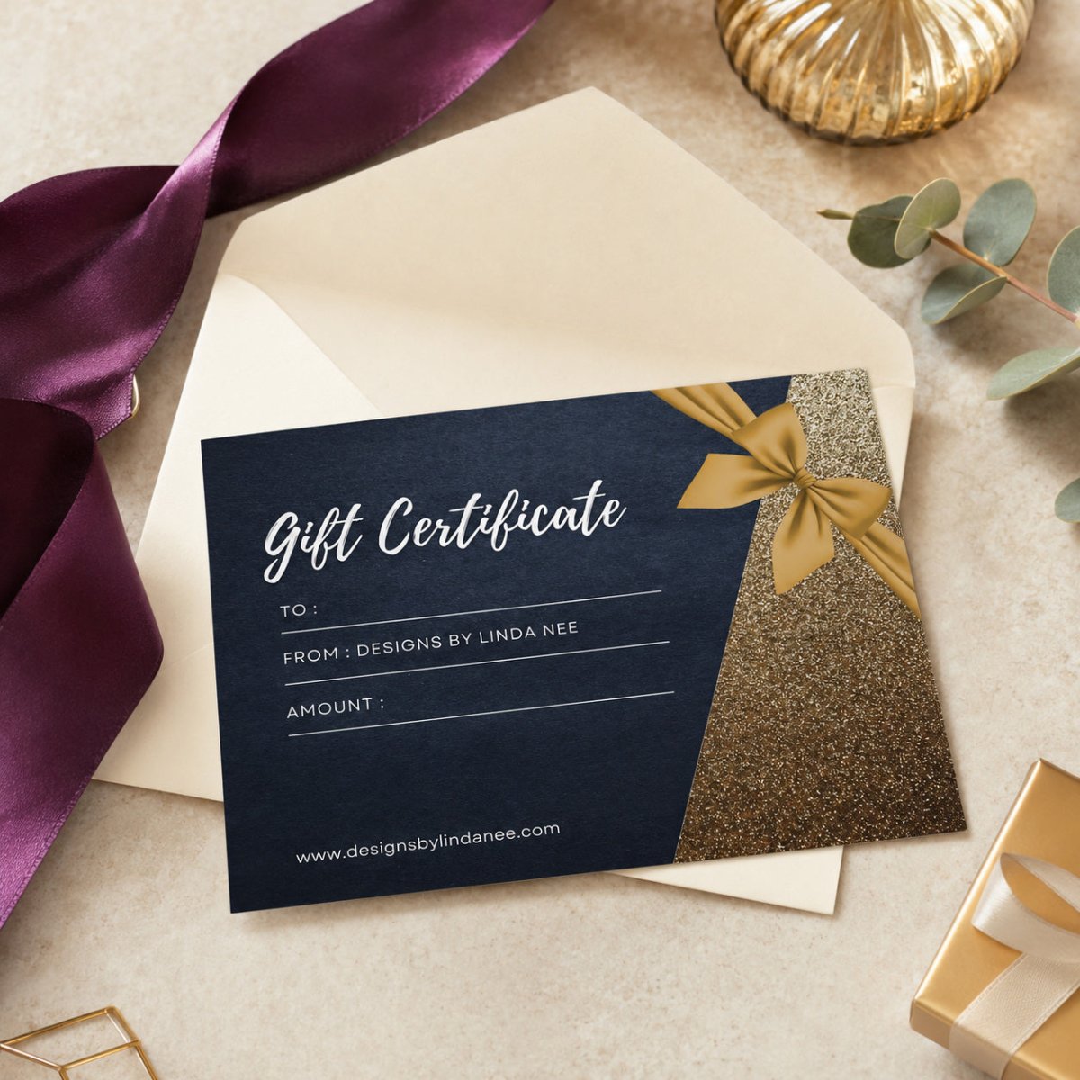 Linda Nee gift certificate displayed in an elegant gift-ready flat-lay setting.