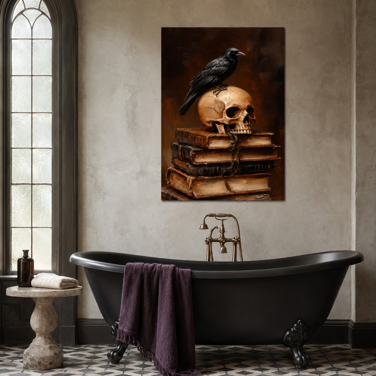 Raven and skull metal art print displayed above a black clawfoot bathtub in an elegant Gothic-inspired bathroom.