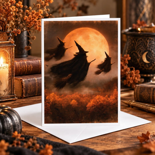 Halloween greeting card featuring three witches flying on broomsticks in front of a glowing orange full moon, displayed with a white envelope on a rustic autumn table