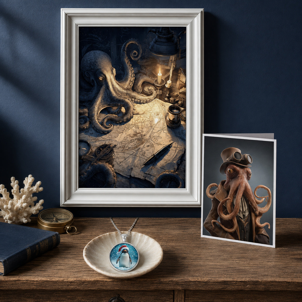 Aquatic and marine decor featuring octopus wall art, a steampunk octopus greeting card, and a penguin necklace.