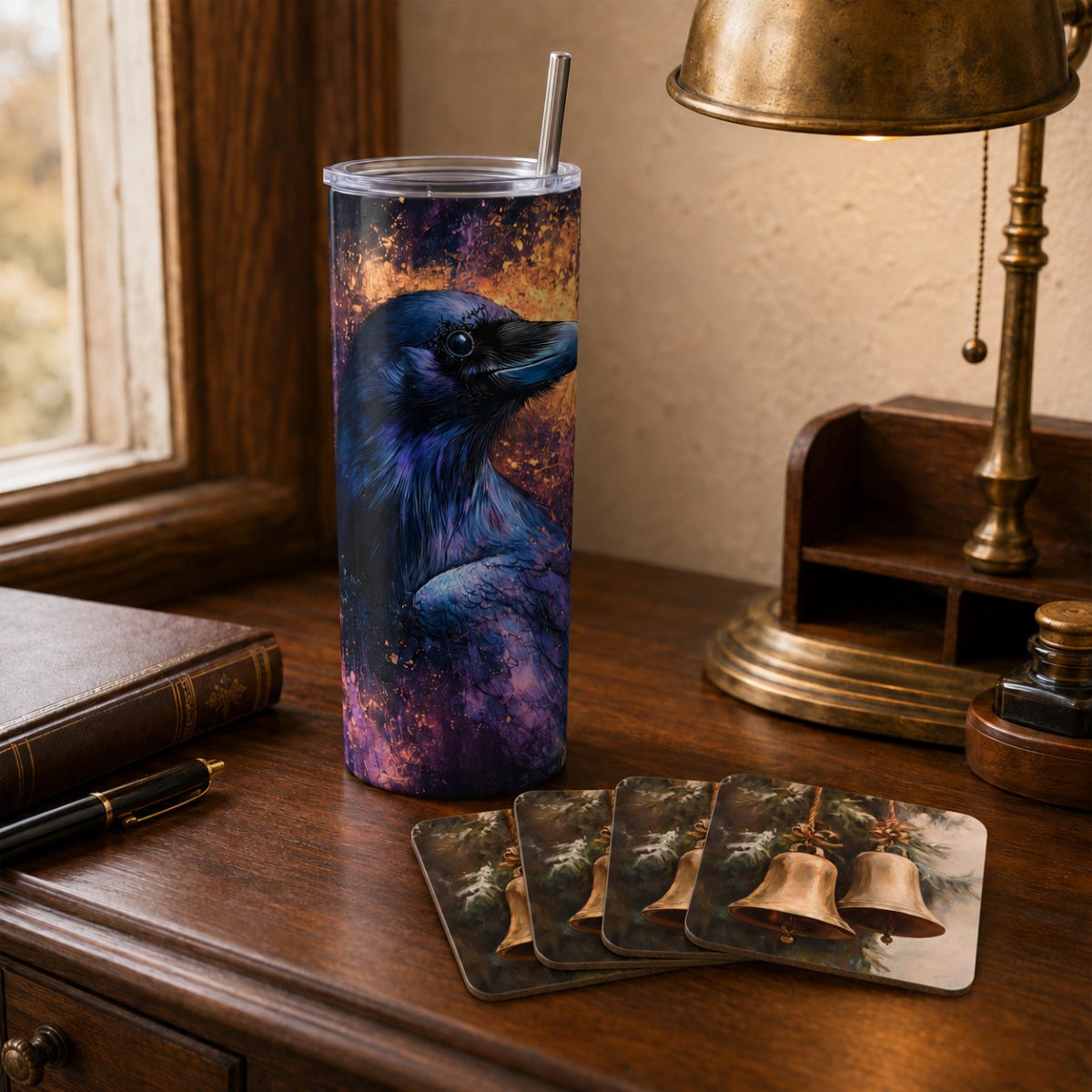 Raven tumbler and Christmas bell coasters displayed in a warm vintage home-office setting.