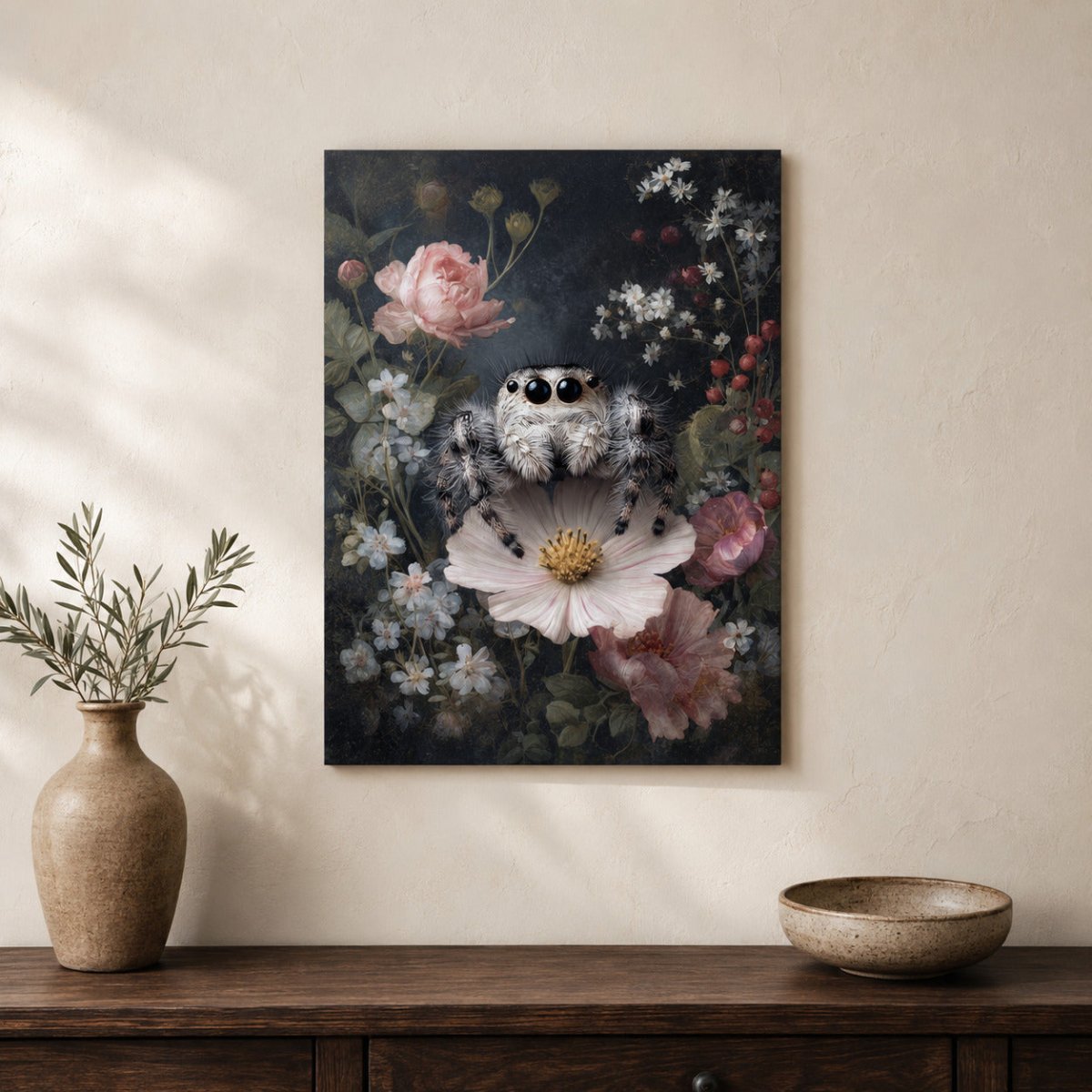 Jumping spider surrounded by pink and white flowers on a metal art print displayed in a warm, neutral interior.