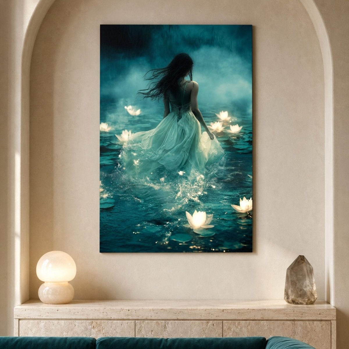 Unframed mystical woman in a glowing lily lake metal print displayed in a bright arched alcove.
