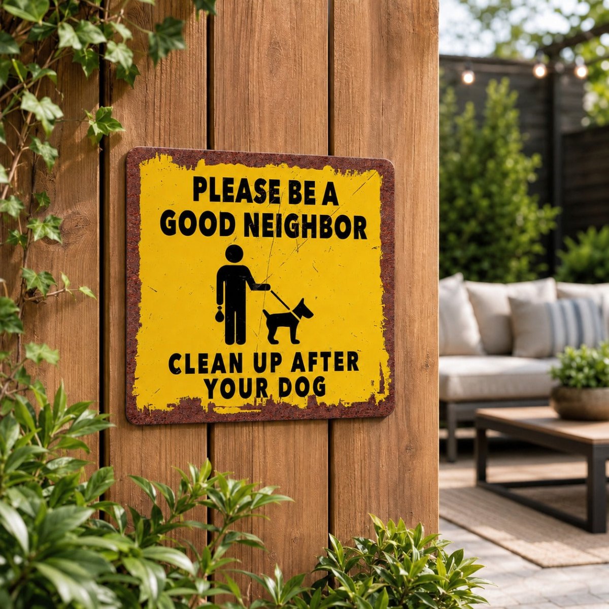 Yellow dog cleanup metal sign displayed on a wooden patio fence surrounded by green plants and outdoor seating.