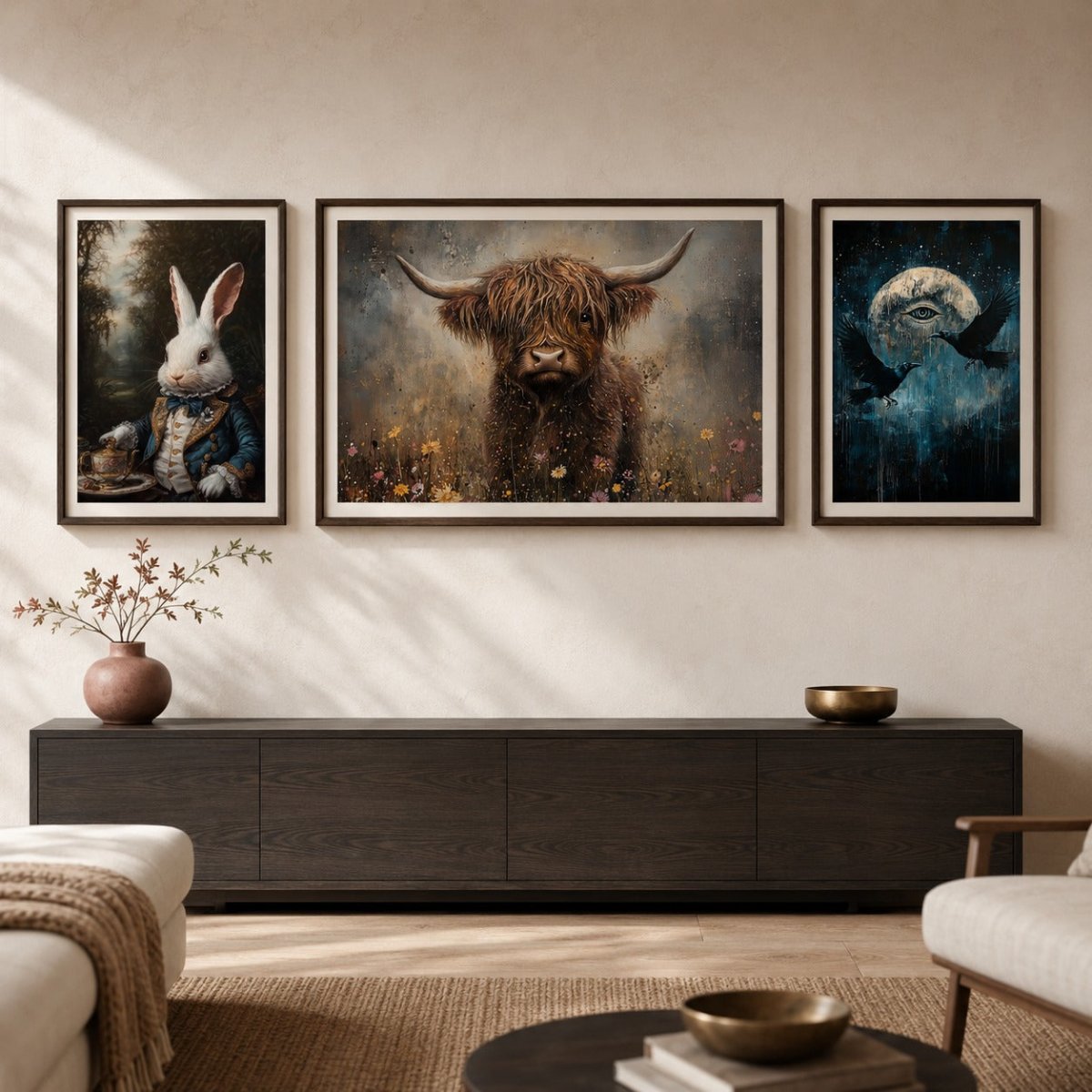 Gallery wall featuring framed White Rabbit, Highland cow, and celestial ravens art prints in a warm, modern living room.