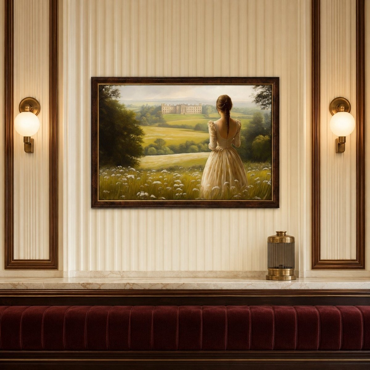 Framed Pride and Prejudice–inspired countryside art print displayed in an elegant vintage hotel lounge.