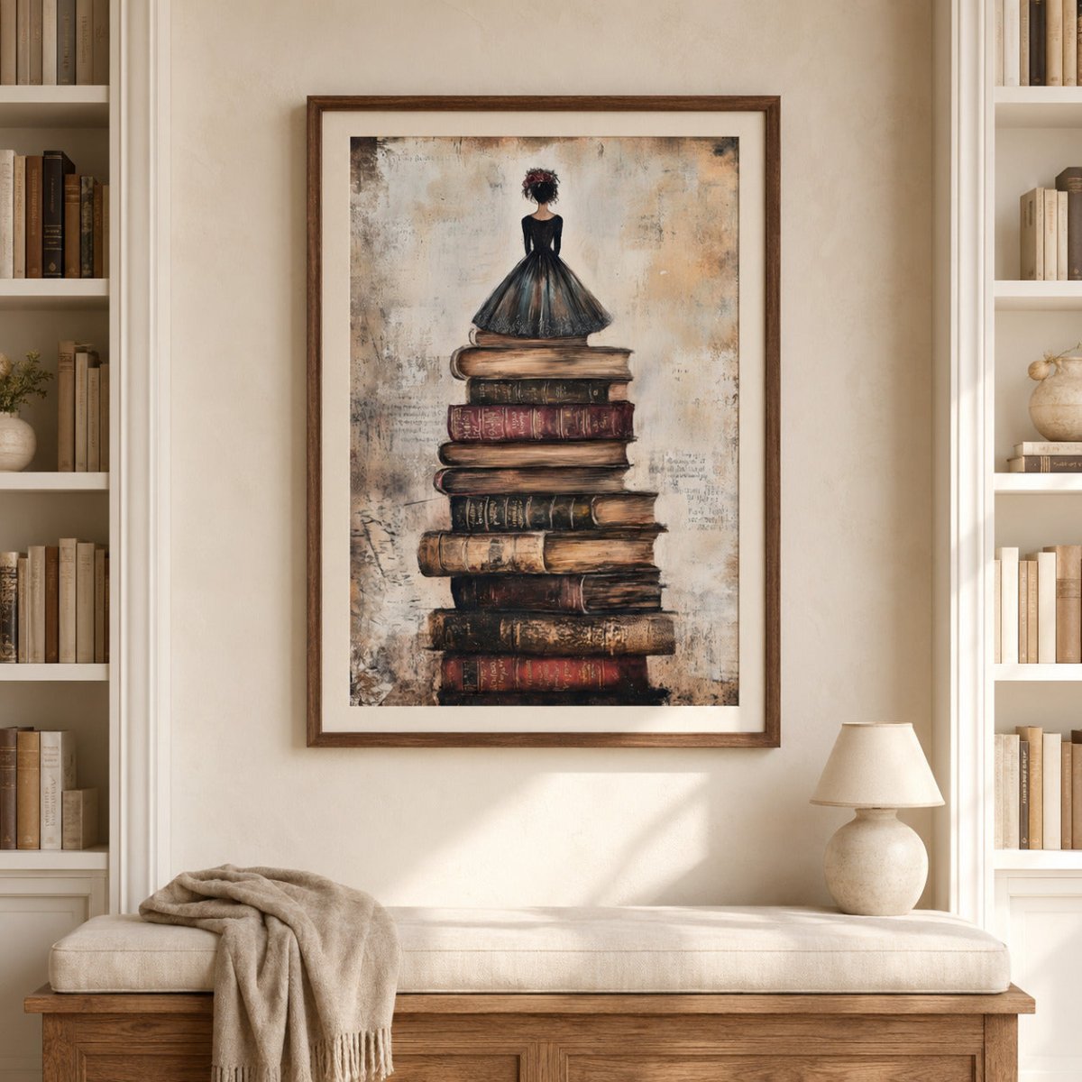 Framed library art print featuring a woman in a black dress standing on antique books in a bright reading room.