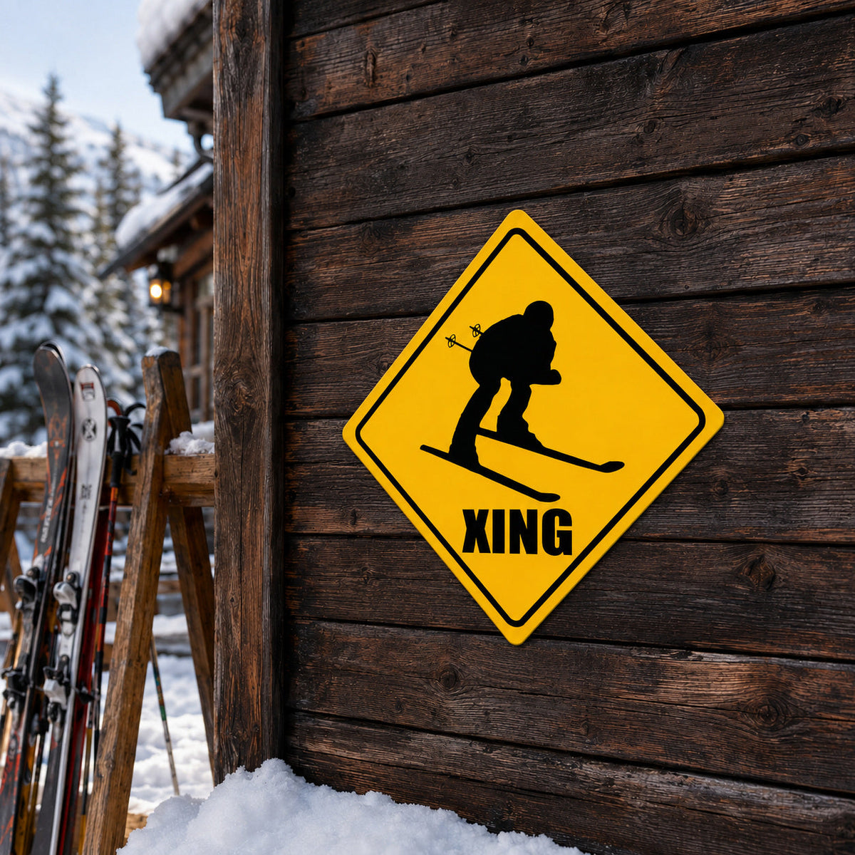 Humorous skier crossing metal sign displayed on a rustic ski lodge wall beside vintage skis and winter gear.