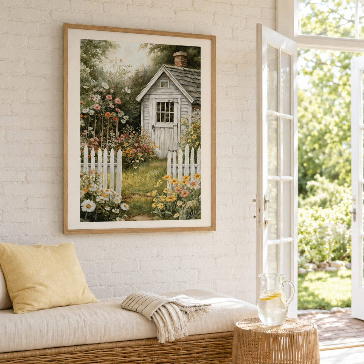 Framed summer cottage garden art print displayed in a bright sunroom with open French doors.