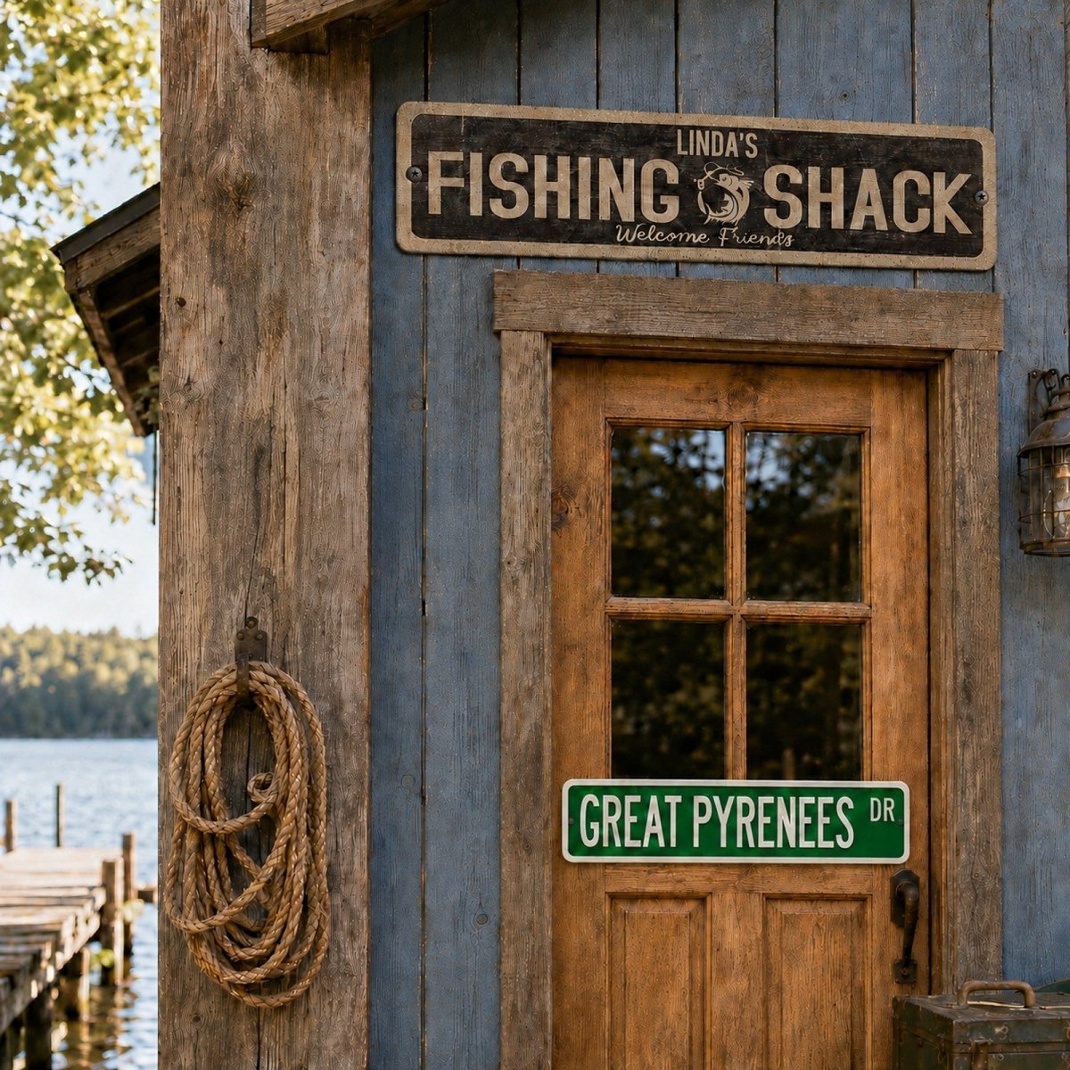 Personalized Fishing Shack and Great Pyrenees metal street signs displayed on a rustic lakeside cabin.