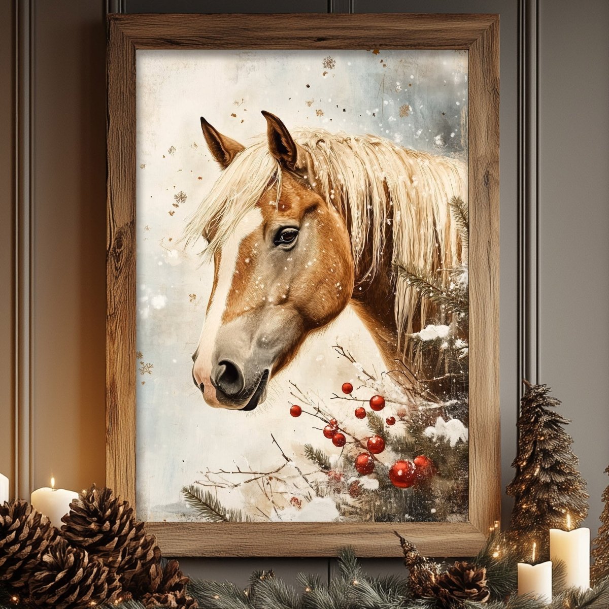 a wooden frame with a painting of a horse's head and neck, surrounded by snow, berries, and pine cones, creating a winter scene.